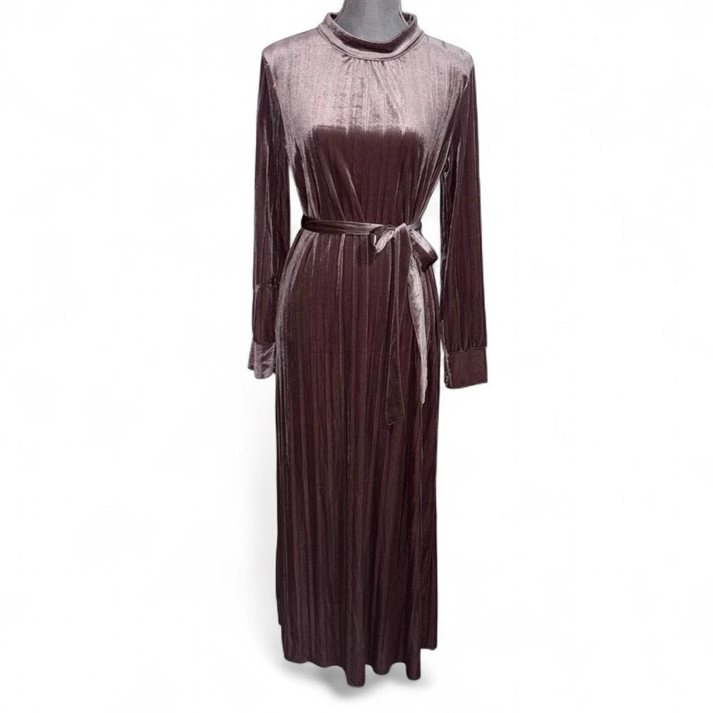 Velvet Long Sleeve Maxi Dress with Self-Tie Belt - Dusty Mauve